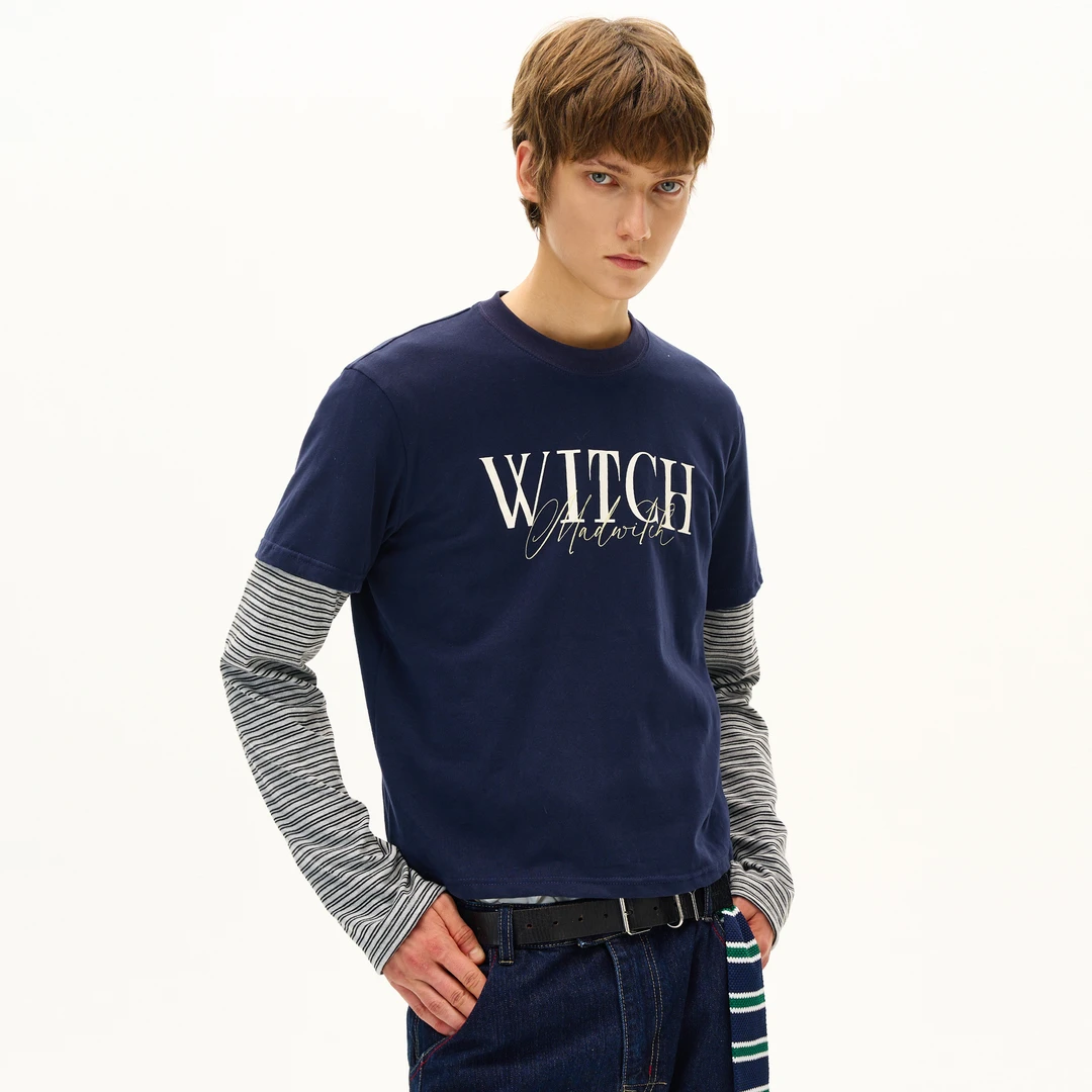 MADWITCH原创设计感条纹假两件印花长袖T恤男女显瘦休闲印花上衣