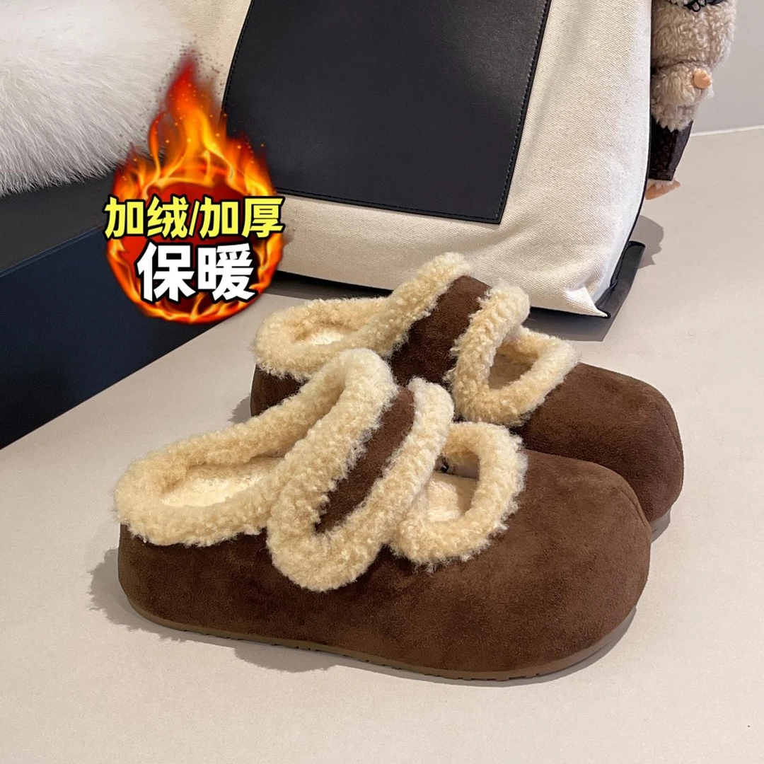 三福厚底勃肯鞋加绒毛毛拖鞋女外穿2025新款秋冬季一脚蹬包头棉拖