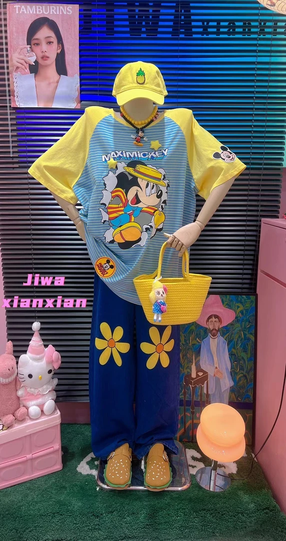 刘媛媛欧货 实拍米奇卡通显瘦糖果色短袖宽松上衣