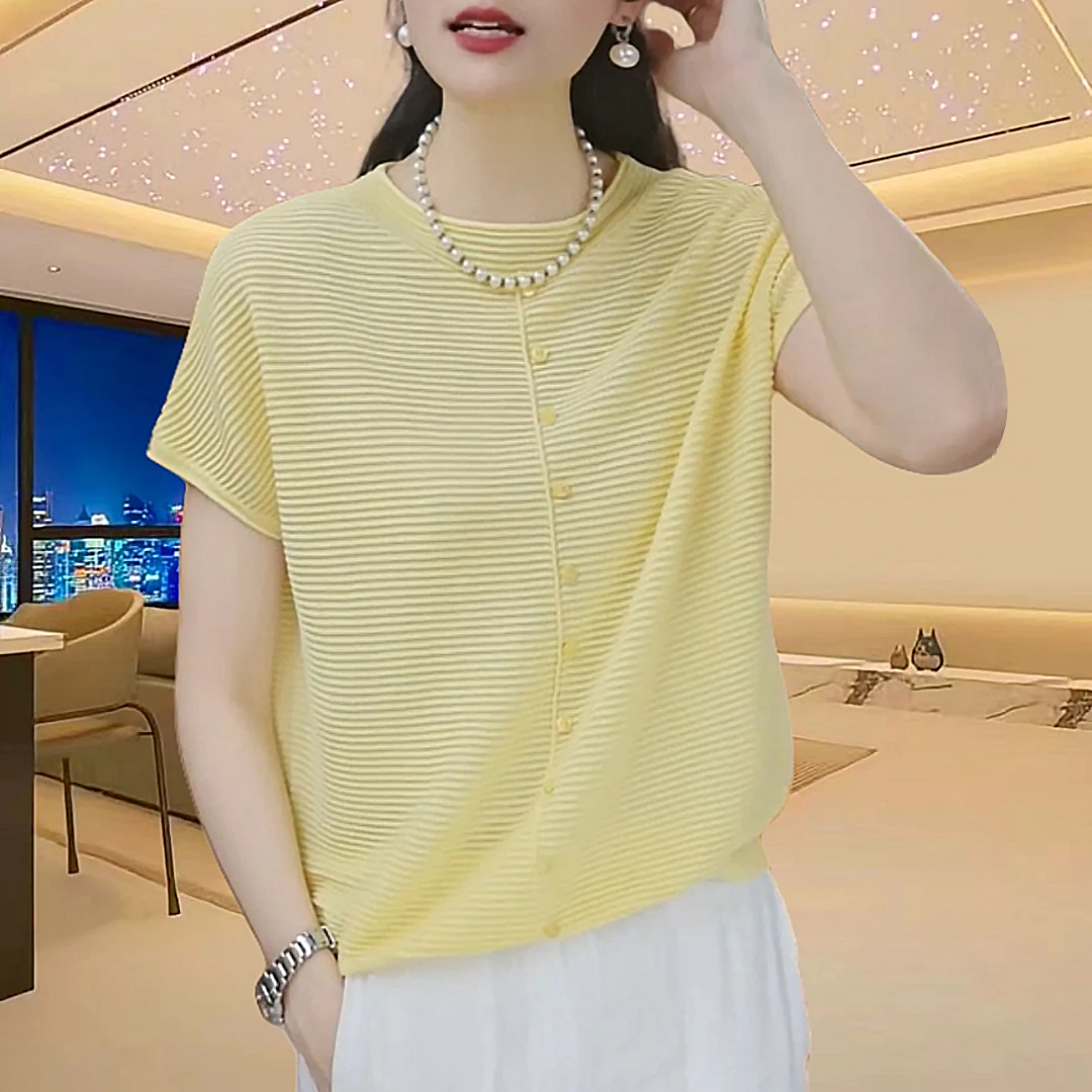 夏季轻薄透气短袖T恤女套头洋气小衫高级感圆领纯色气质简约上衣