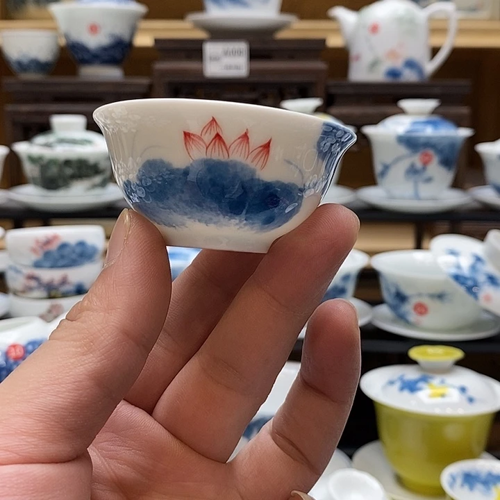手绘微瑕荷花杯4只