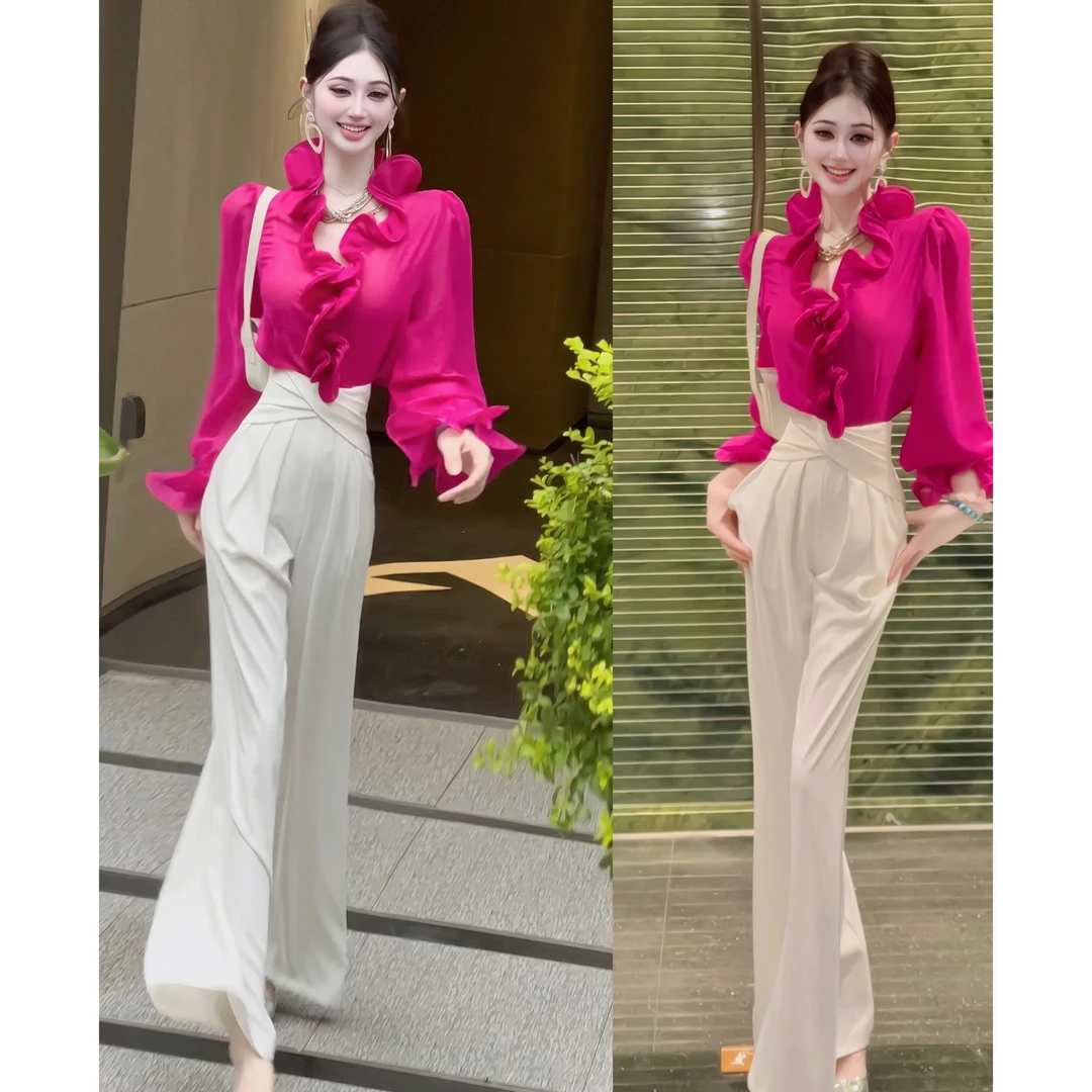 郁儿baby【克拉恋人】时尚洋气荷叶领套头气质百搭上衣➕高腰腰封裤