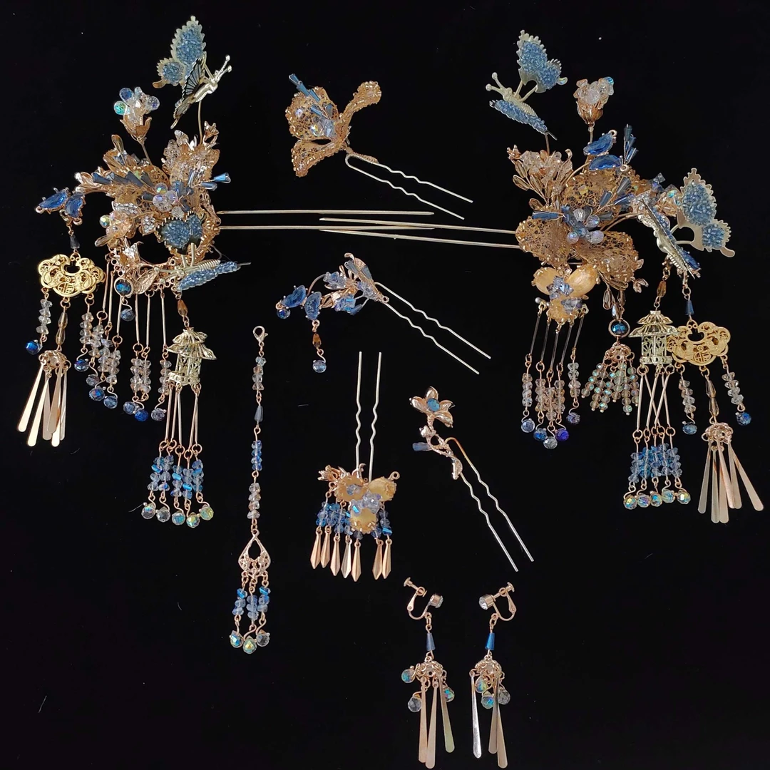 新款（蝶恋花）新娘金蓝中式新娘饰品爆款385