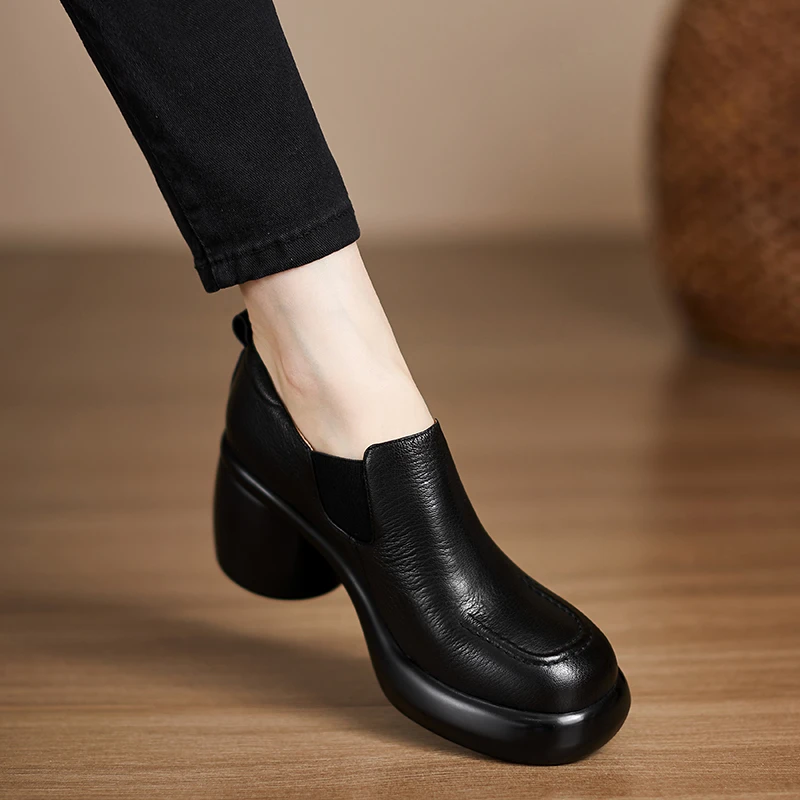 小个子手工女鞋7cm~黑色小皮鞋女通勤厚底防水台高跟鞋不累脚单鞋