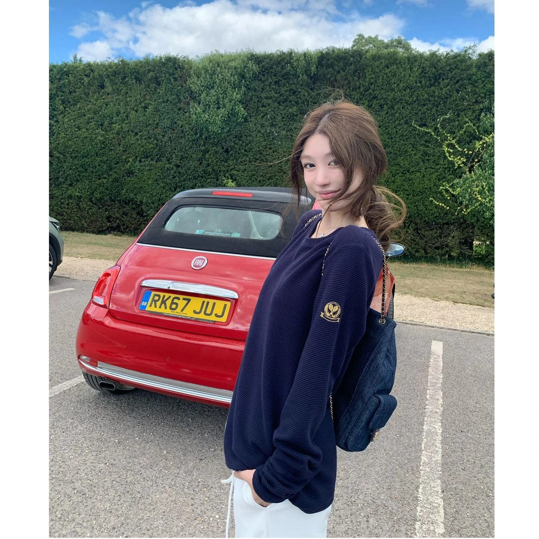 【全额运补】【网球俱乐部】华夫格长袖上衣女早秋灰色外穿打底衫T恤