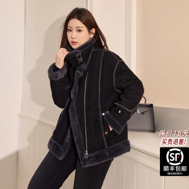蓝语大码女装高级感立领保暖仿皮毛一体外套2025冬季黑色机车服上