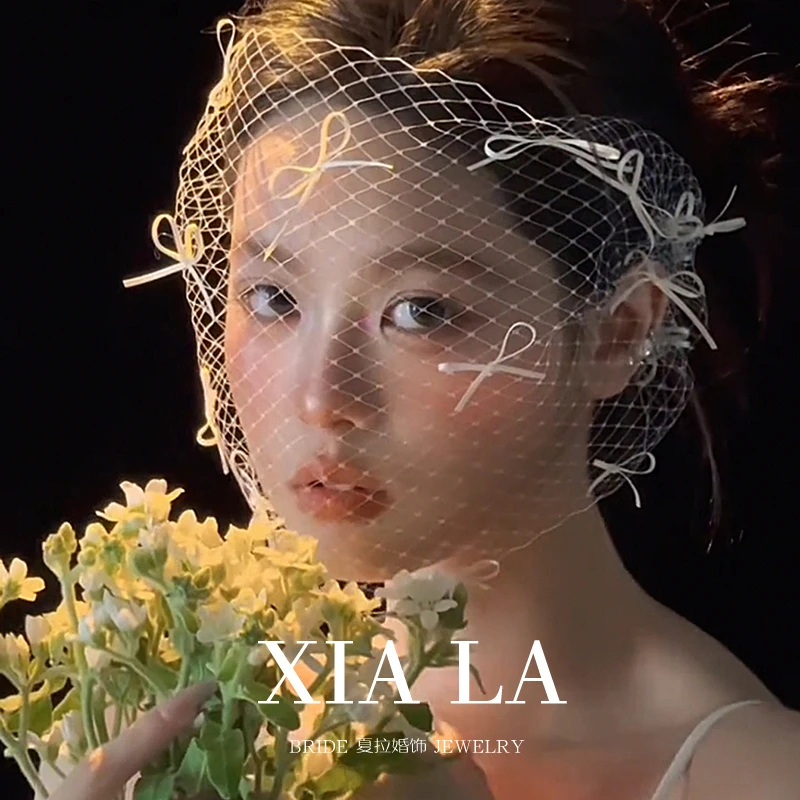 夏拉手工蝴蝶结进口网纱头饰遮面纱婚礼饰品新娘订婚领证婚纱配饰