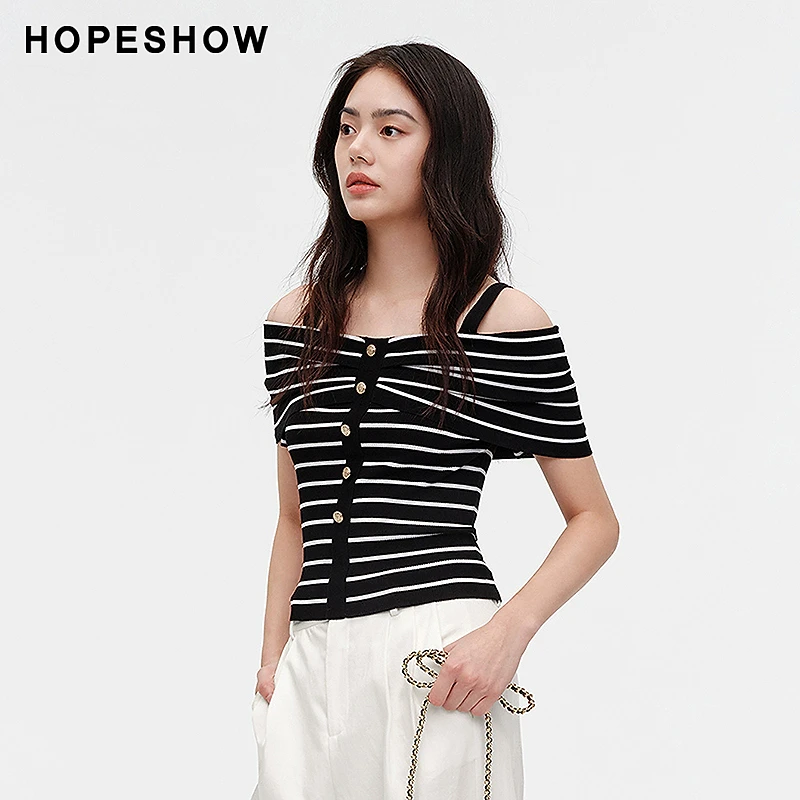 红袖夏季2025新款女装 条纹蝴蝶结一字肩吊带针织衫89124180114