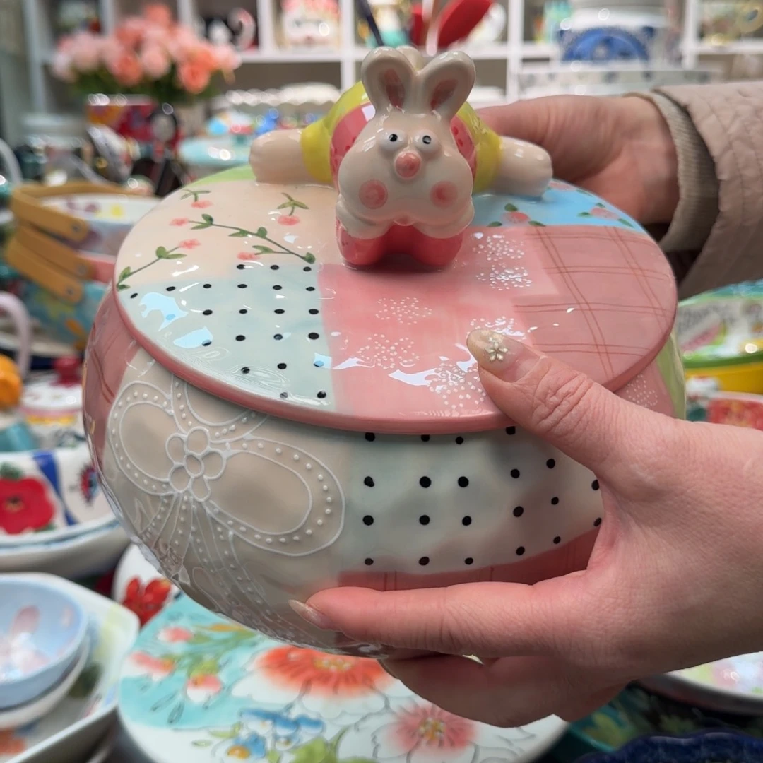 陶瓷新款粉邂逅拼布兔盖碗1只