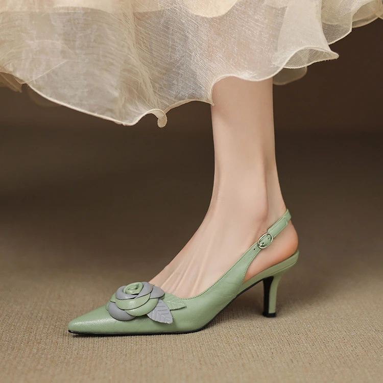 舒适柔软羊皮后空凉鞋女尖头2025新款花朵细跟通勤气质高跟鞋包头