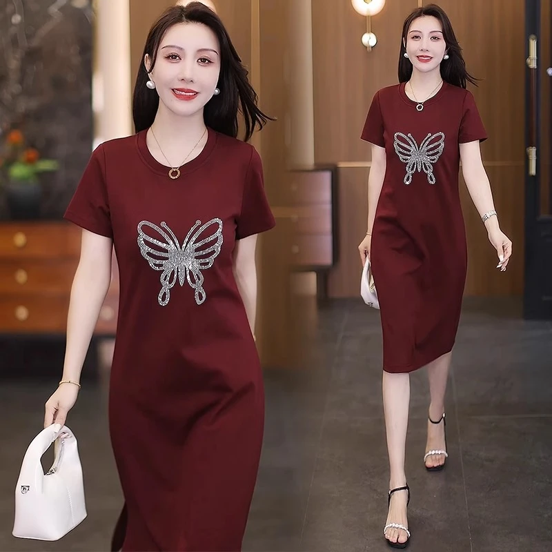 时尚休闲裙子女2025夏季新款中长款宽松蝴蝶烫钻短袖T恤连衣裙潮