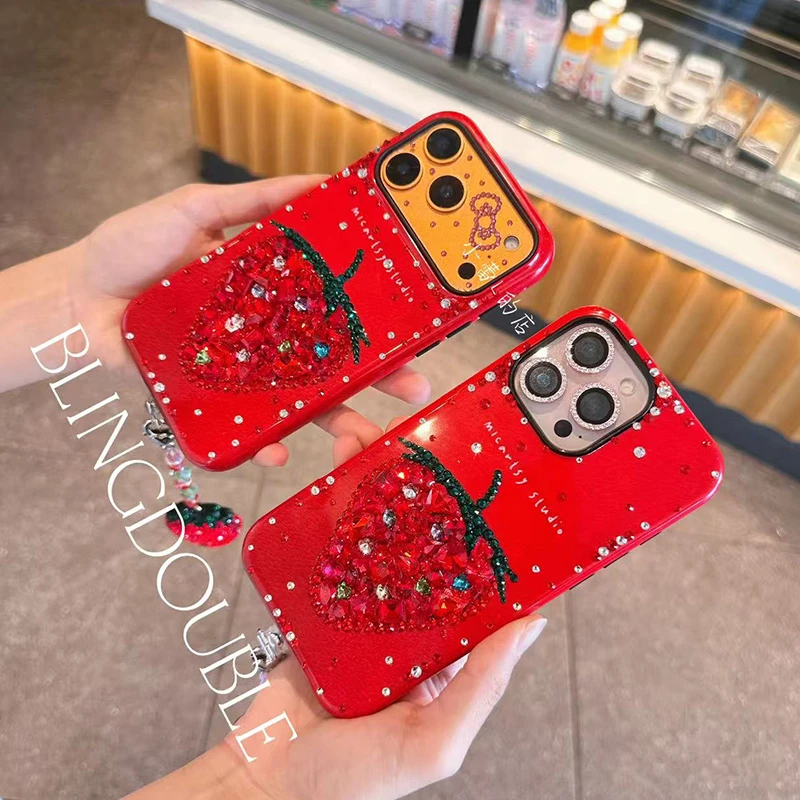 红色草莓二合一水钻大钻手机壳防摔16适用苹果17promax华为mate