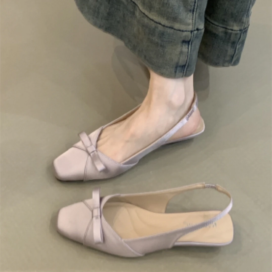 NQL-3196-9法式气质包头凉鞋2025年优雅蝴蝶结方头浅口后绊带单鞋