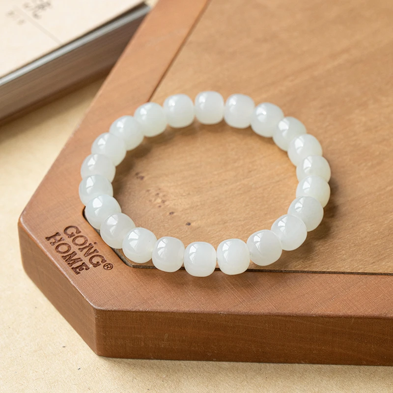新疆和田玉白玉老型珠10*9mm单圈手串简约玉手串素圈新中式手串