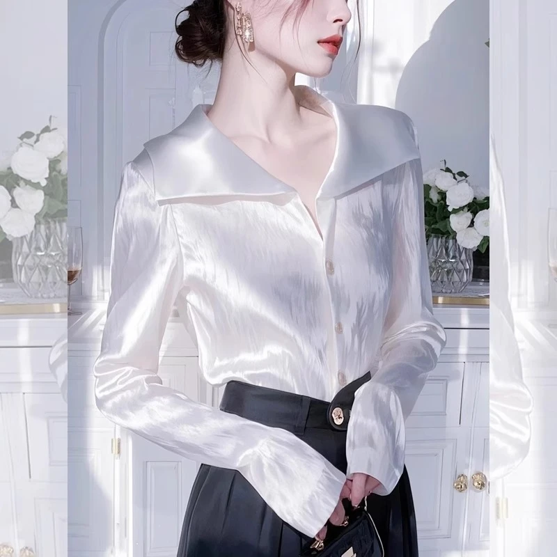 洋气高端白色长袖衬衫女2025早春新款独特别致百搭干练气场女装