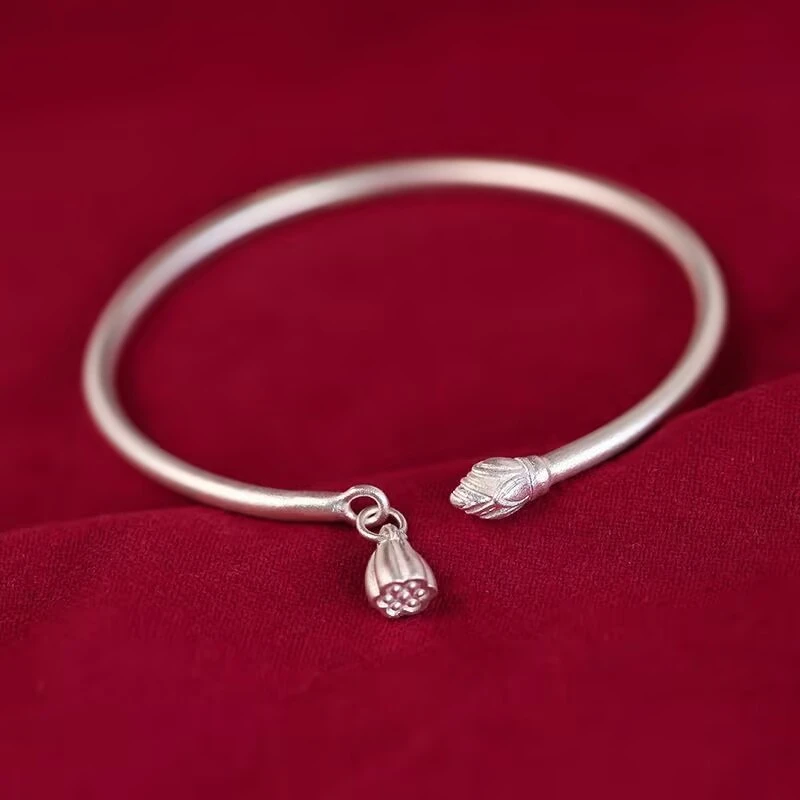 足银手镯 85号链接 足银莲蓬磨砂古法手镯女设计高级感莲花开口