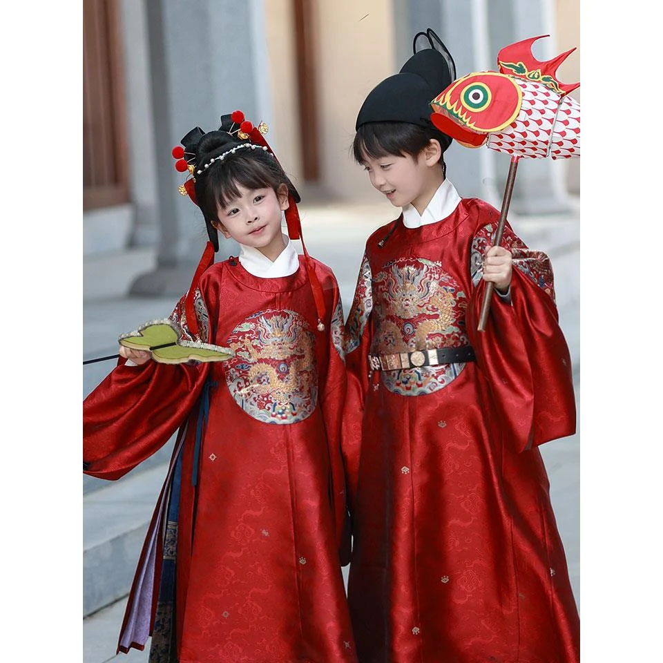 万达撤柜喵喵汉明儿童男女龙补圆颈袍喜庆红色中式服饰中秋佳节