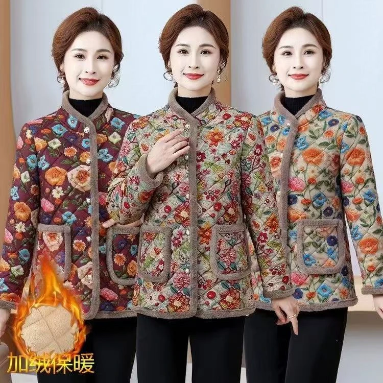 2024002081冬季加绒加厚保暖棉衣洋气立体花时尚单排扣新款外套