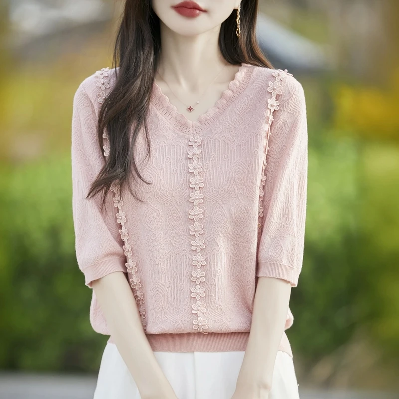 时尚女装品牌夏季薄款V领针织衫t恤女时尚休闲宽松显瘦半袖上衣