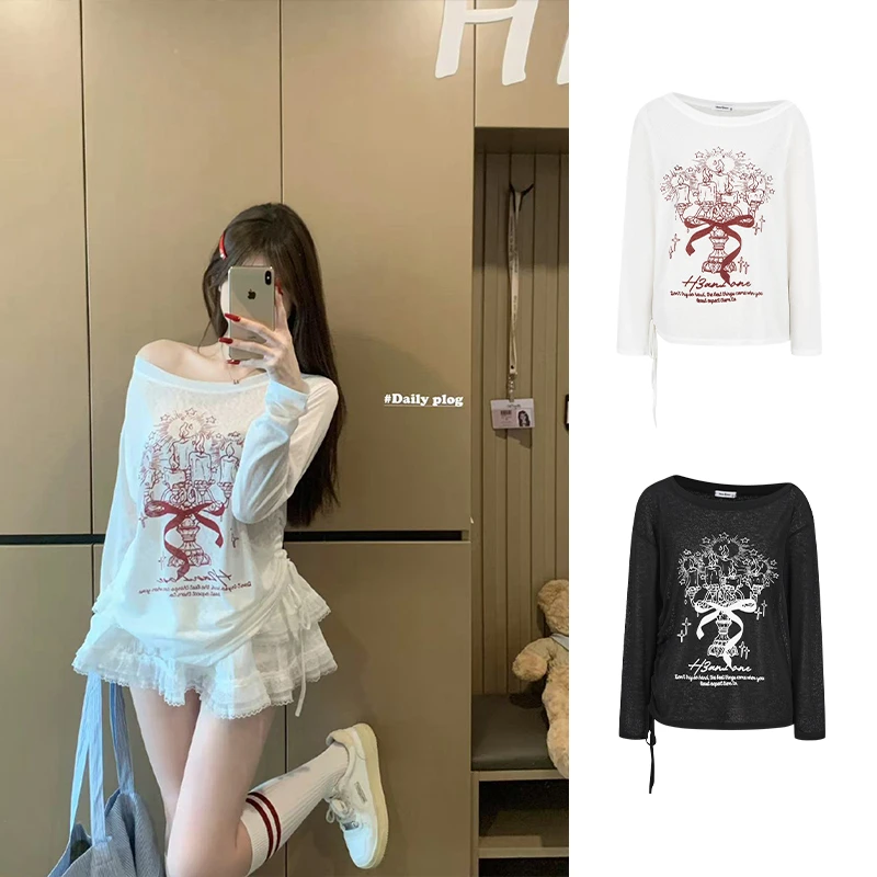 Moses Queen/魔西女王白色印花斜肩长袖T恤夏季薄款宽松防晒罩衫