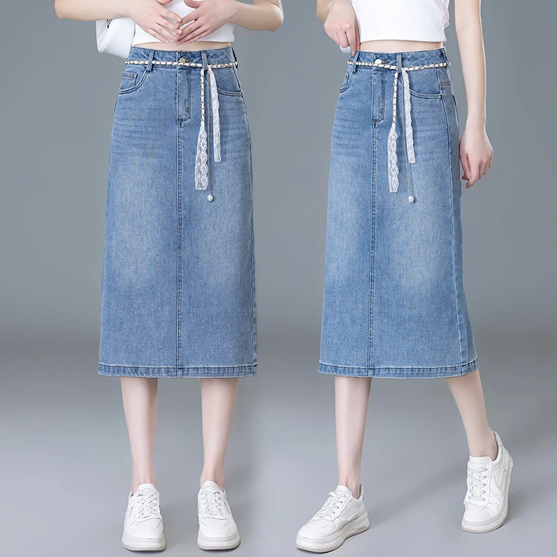 浅色牛仔半身裙女夏季薄款2025新款高腰中长款a字开叉一步包臀裙