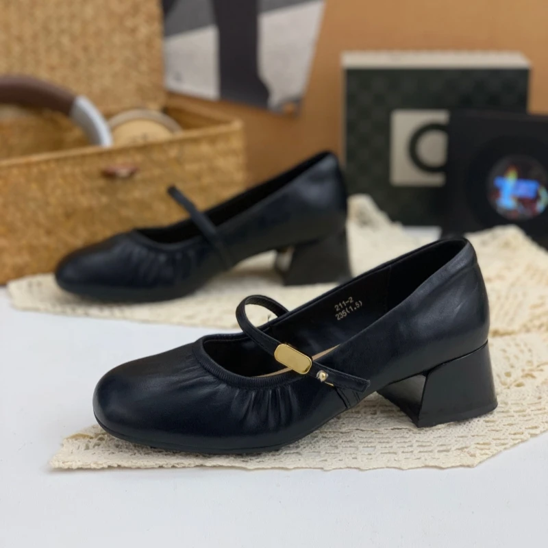 法式浅口单鞋女2025秋季新款褶皱百搭粗跟配裙子复古气质玛丽珍鞋