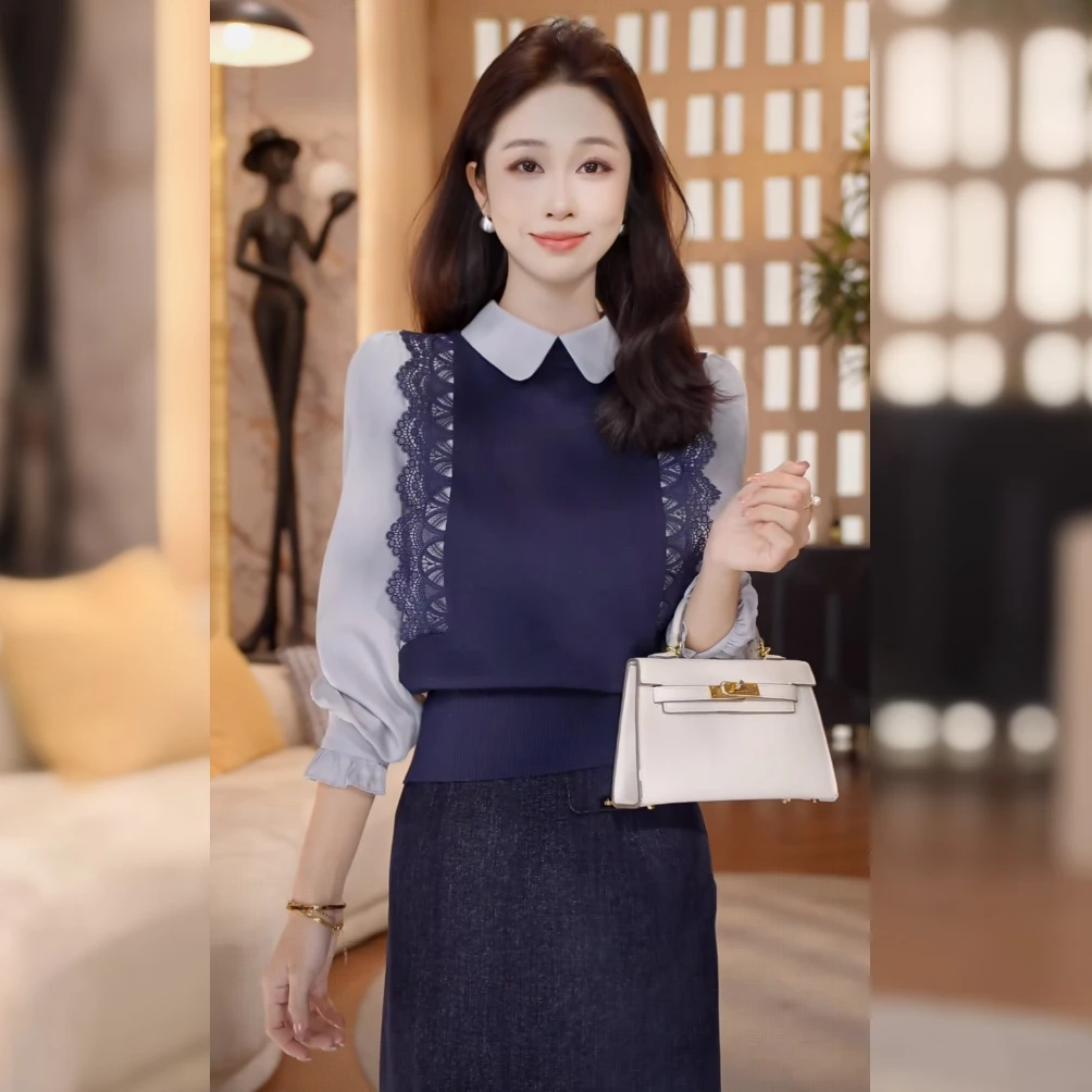 【林雪雪】繁花似锦新款法式翻领立体钩花蕾丝减龄针织衫2511033