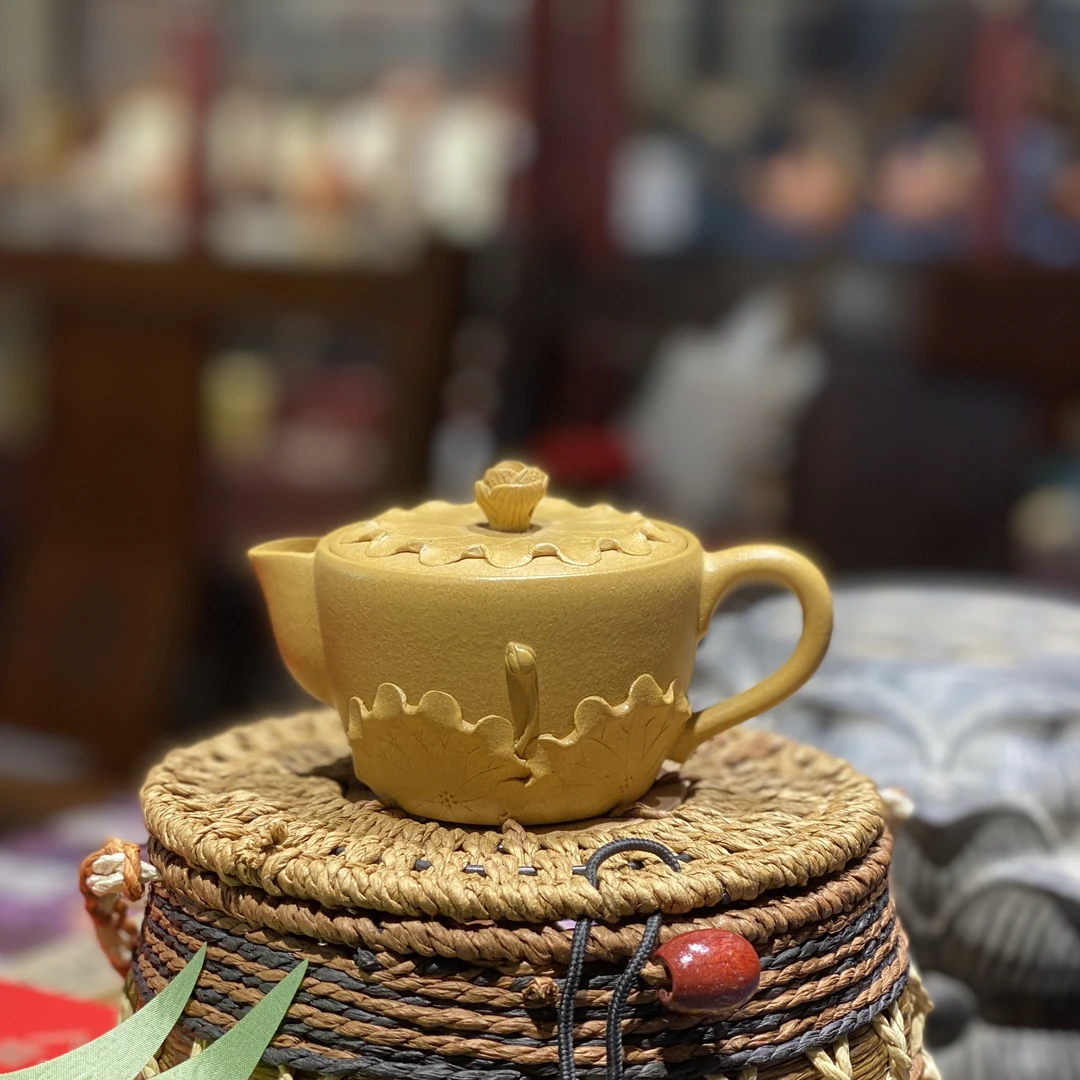 宜兴手制紫砂壶荷叶汉瓦壶精工原矿黄金段120c手工贴花中式紫砂泡