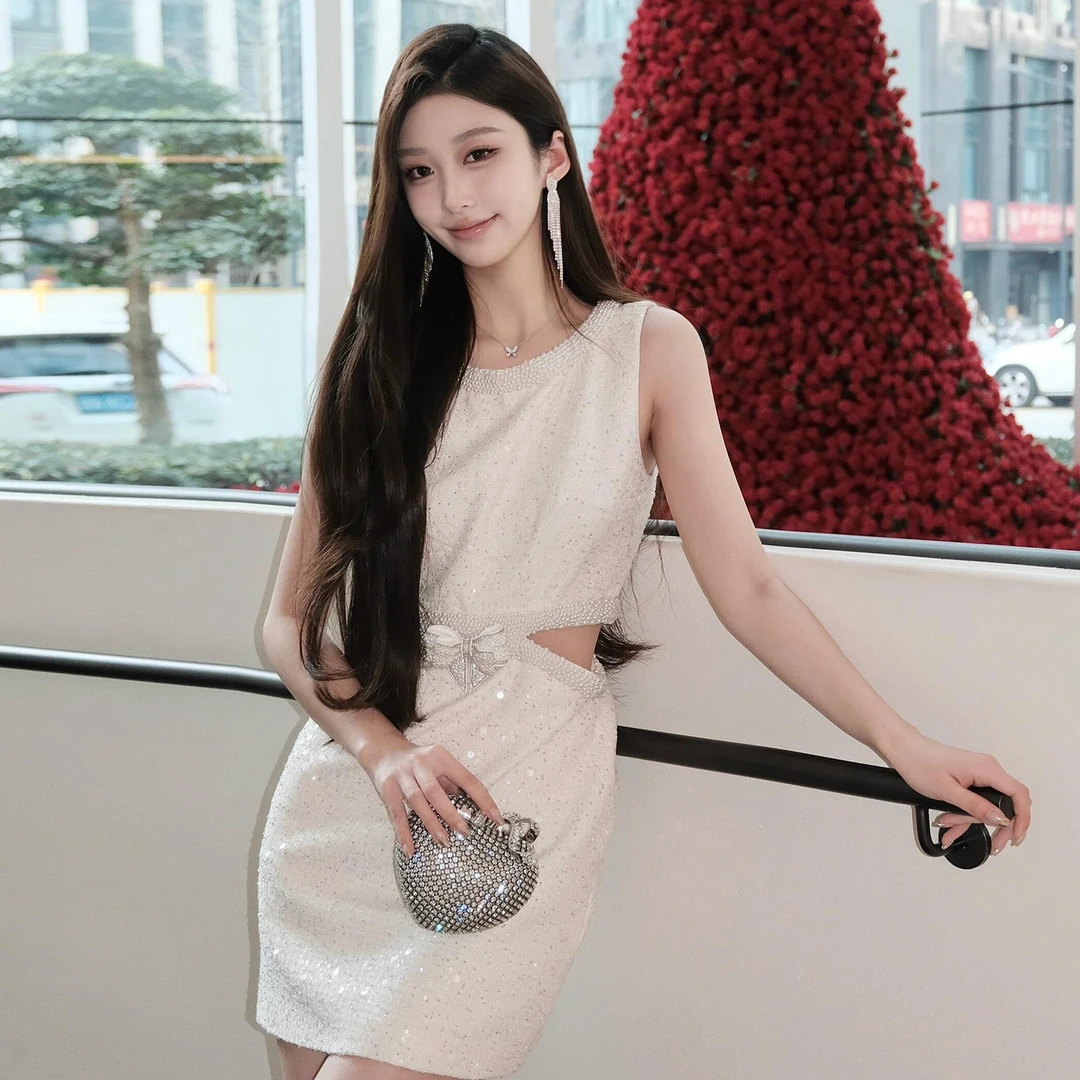 MIUMEM现货法式小香风钉珠蝴蝶结亮片露腰无袖连衣裙女MU3489