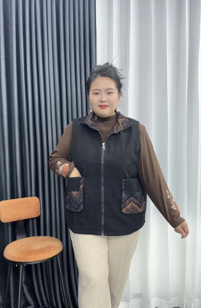 100-230特大码牛仔棉春秋款中老年妈坎肩翻领洋气减龄保暖马甲女