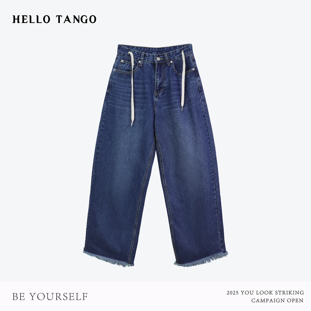 HELLOTANGO《复古心绪》韩系复简约高级感阔腿休闲抽绳牛仔裤L2528#