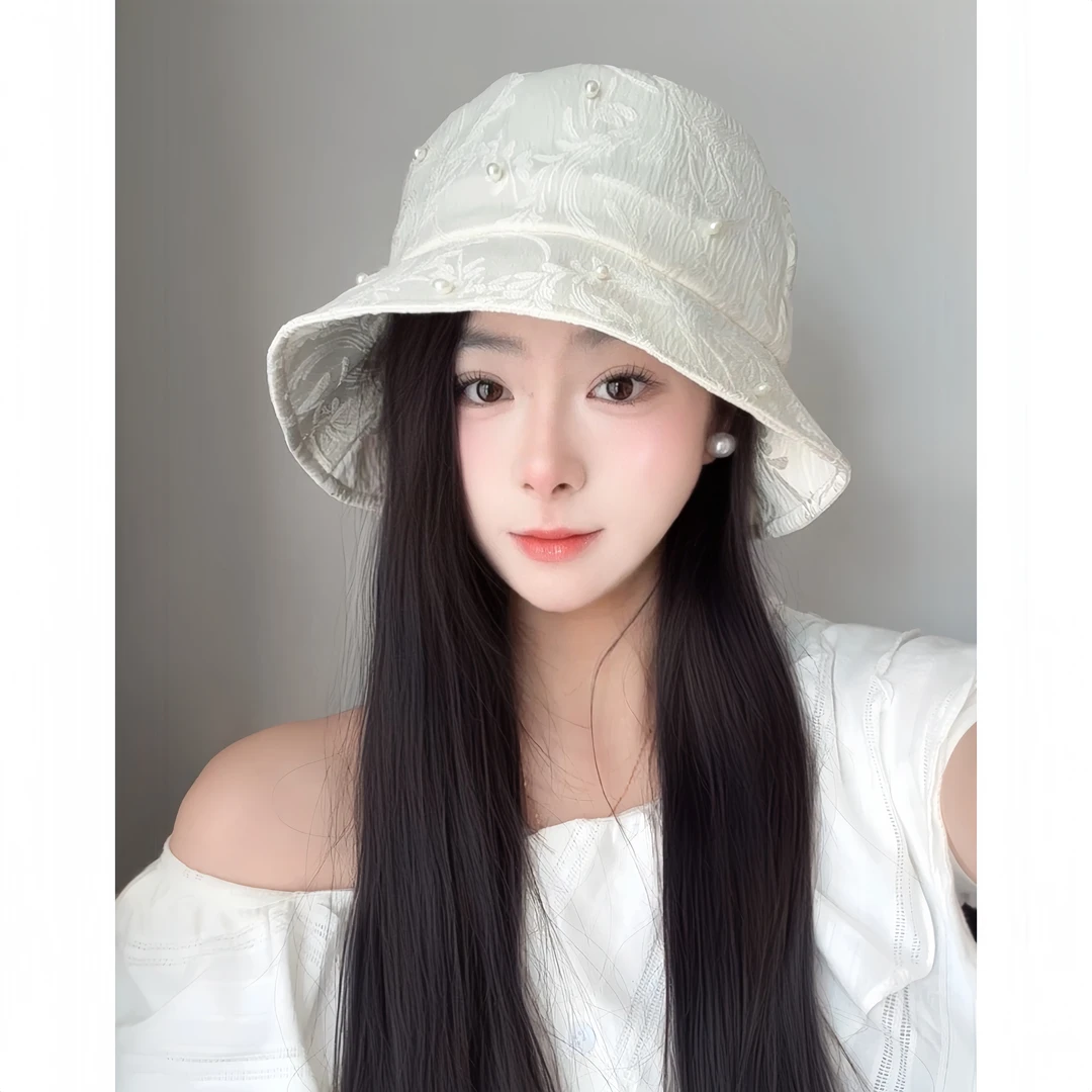 夏季珍珠时尚提花设计国风气质渔夫帽女春夏季优雅盆帽显脸小盆帽