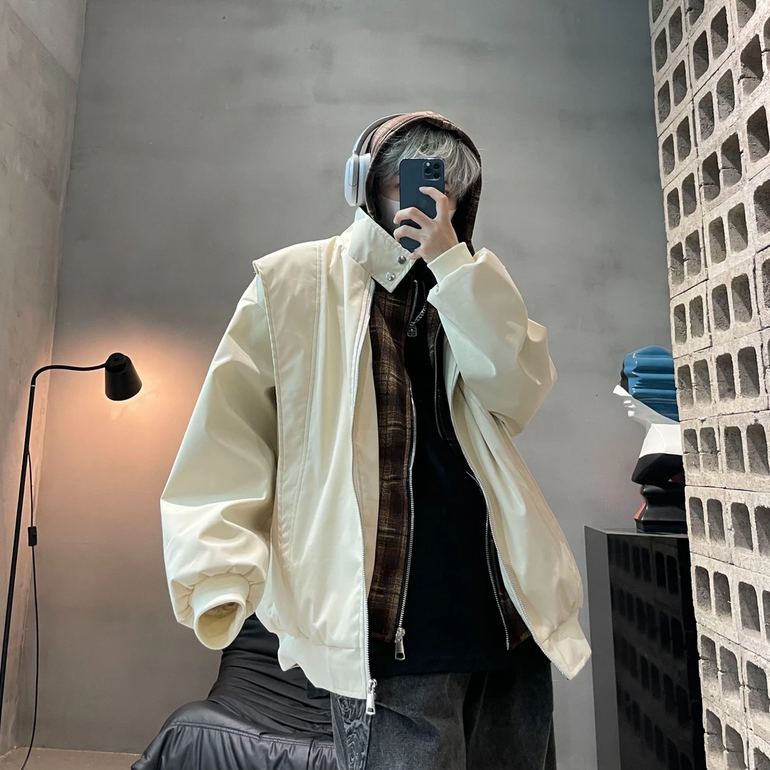 DISROBEING25新款春装连帽假两件宽松夹克男美式休闲情侣百搭外套