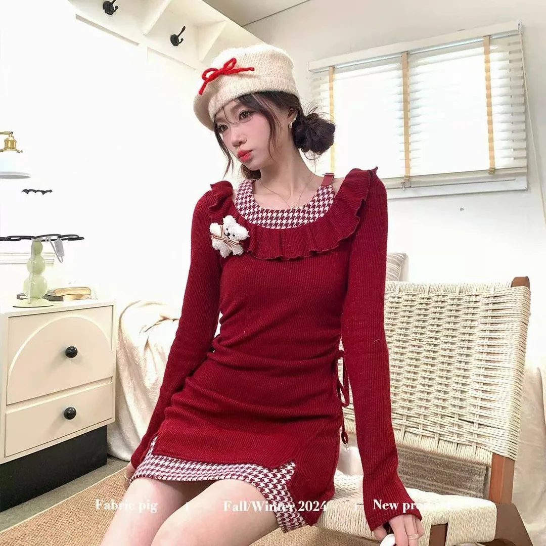 冬季新款甜辣妹格子拼接长袖针织收腰连衣裙