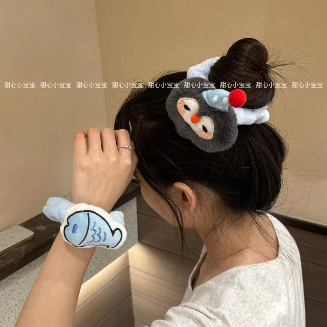可爱企鹅小鱼发圈毛绒发绳萌趣卡通表情皮筋学生丸子头头绳礼物yj