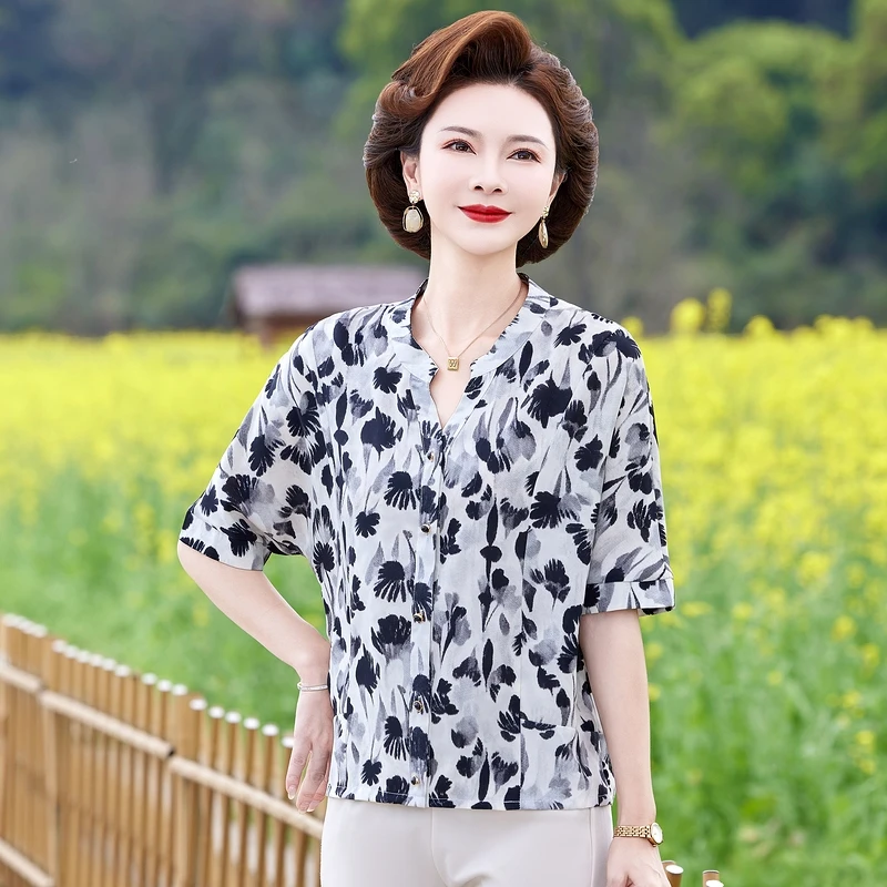 2025新款上衣妈妈夏装气质衬衫女中年大码女装时尚半袖小衫