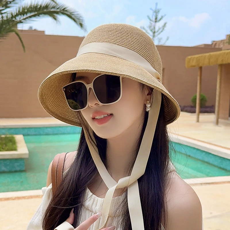 赫本风法式草帽女士高级感草编遮阳帽大檐显脸小防晒太阳帽度假夏