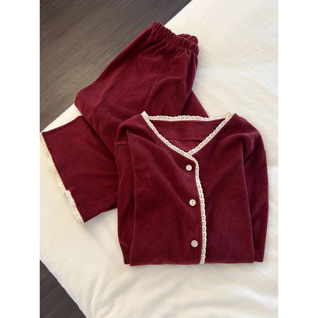 韩系简约甜美花边睡衣女秋冬季大码加厚保暖家居服套装可外穿