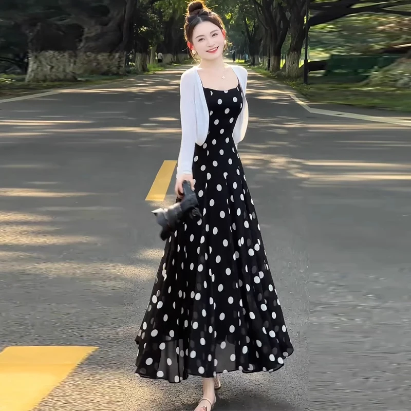 拉夏贝尔时尚连衣裙女2025夏季新款防晒针织开衫吊带裙两件套