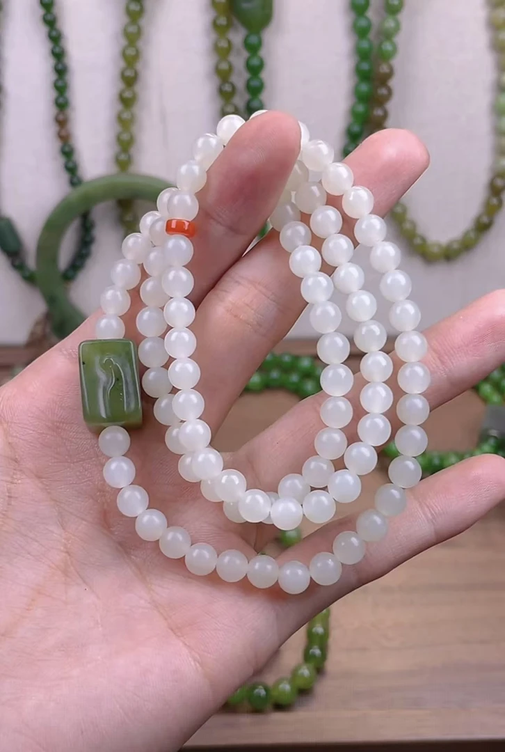 和田玉白玉三圈手串