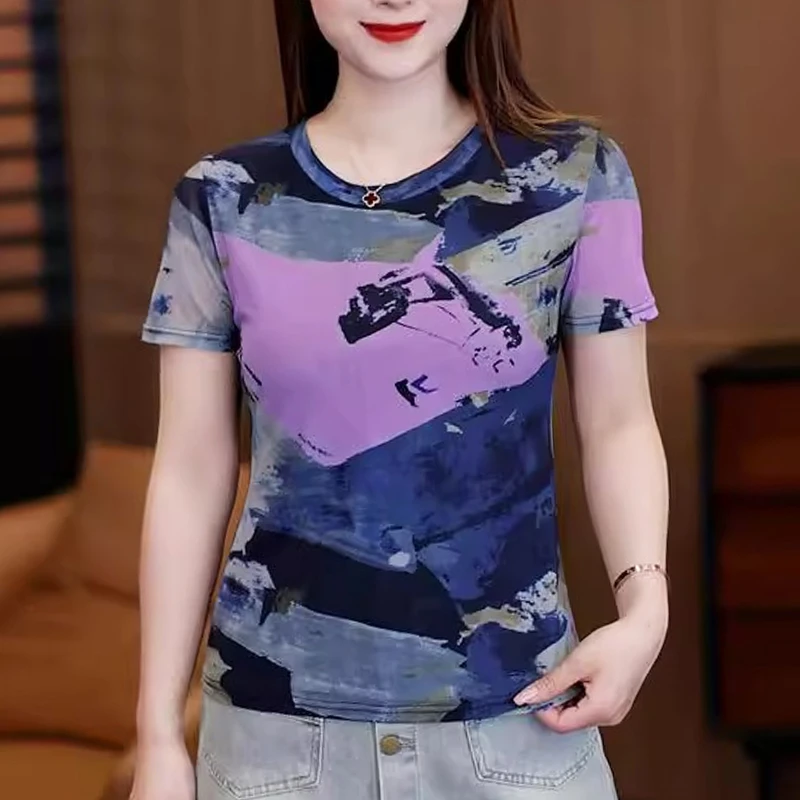 春游出行衣服2025网纱设计感时尚圆领上衣女国风扎染印花短袖t恤