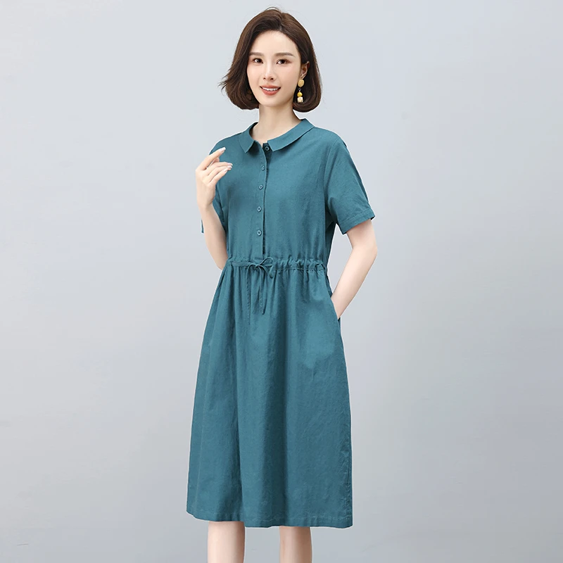 棉麻连衣裙女2025夏季新款收腰显瘦中年妈妈装高端亚麻气质裙子女