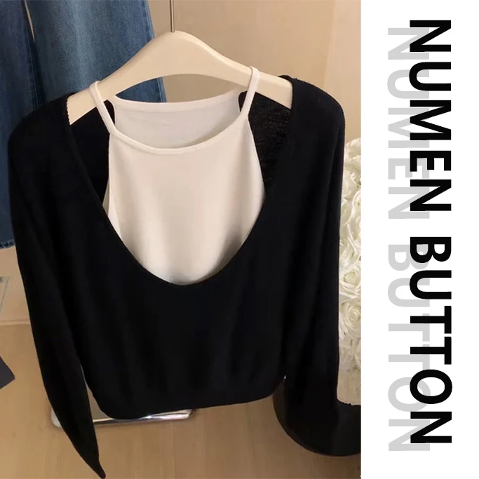 NUMEN BUTTON/灵扣2025秋新款法式别致黑色两件套吊带针织打底衫