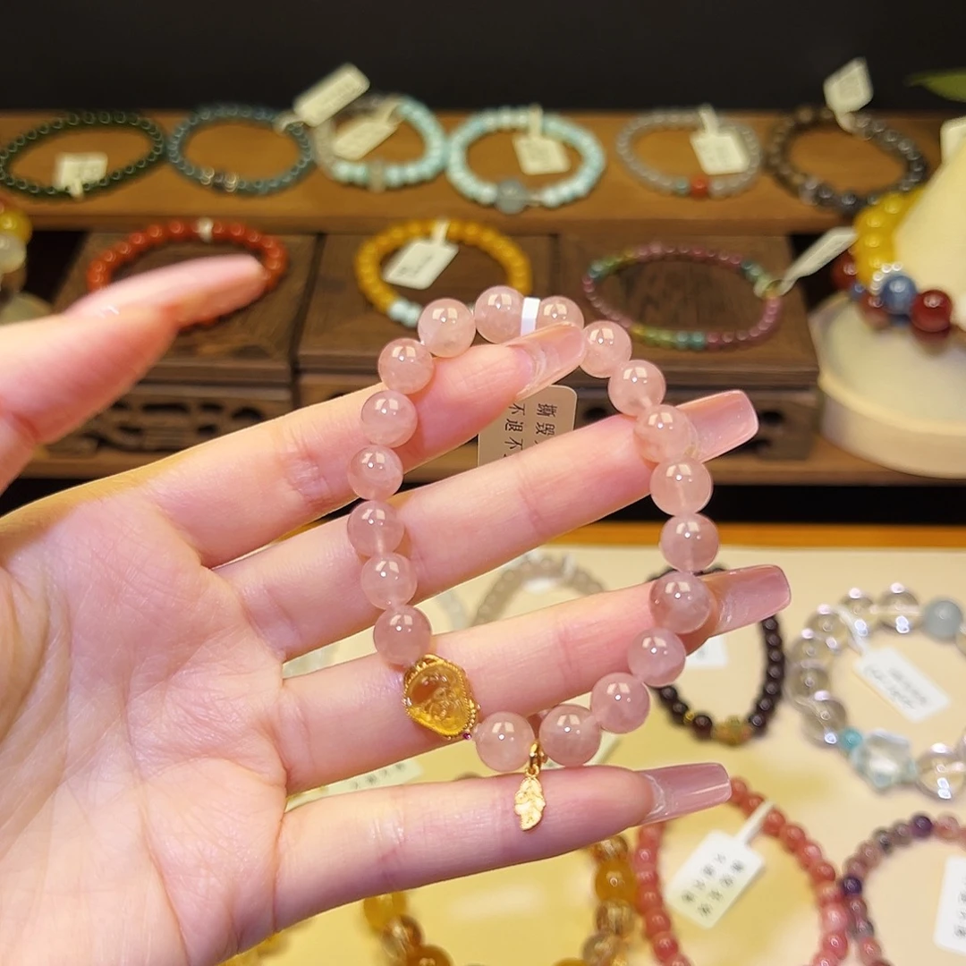 水晶手串银S925镀金镶嵌粉2094