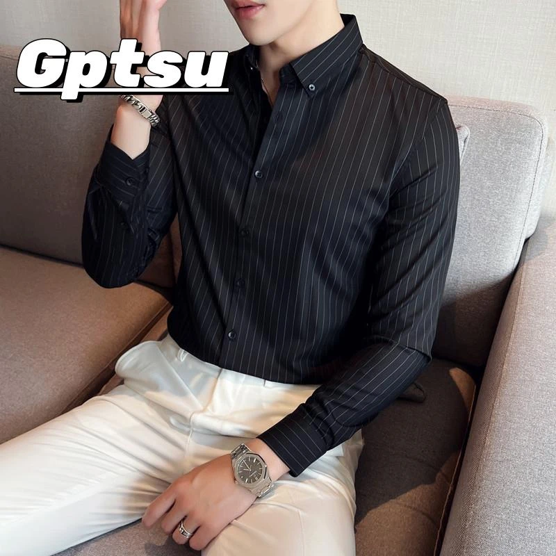 GPTSu修身男质感条纹衬衫秋季青年免熨烫抗皱商务长袖弹力衬衫潮