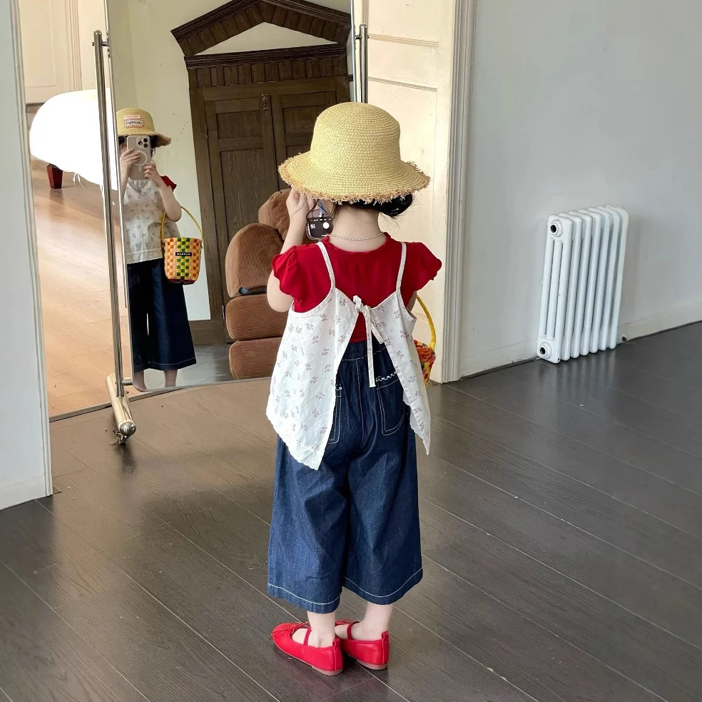 女童夏装新款田园风碎花蕾丝吊带罩衫T恤女孩阔腿牛仔裤套装洋气