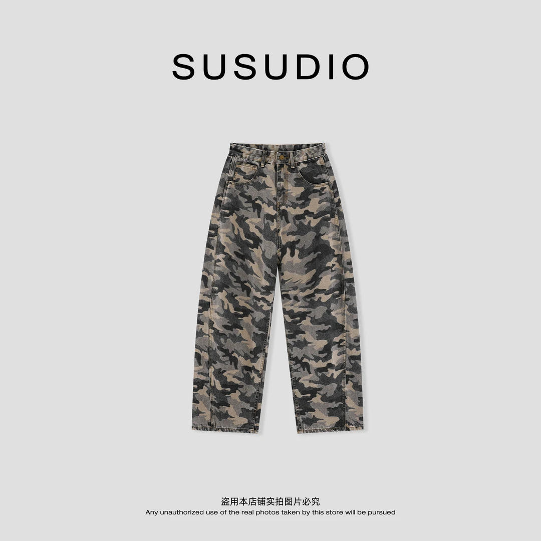 SUSUDIO 早秋复古休闲弯刀立裁中腰迷彩宽松工装牛仔裤 E5012