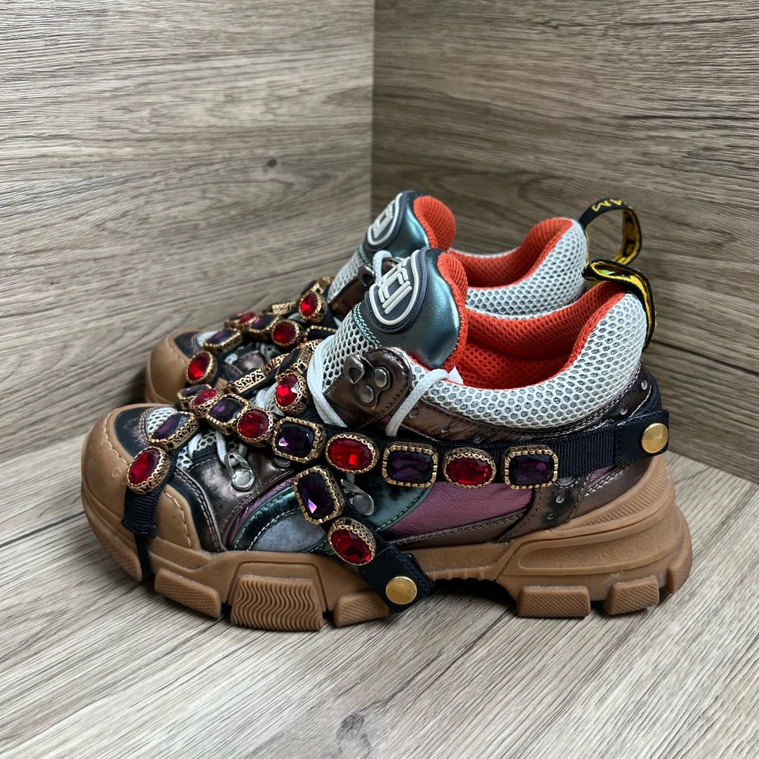 95新 GUCCI/古驰 Flashtrek 香槟色宝石登山鞋 37码