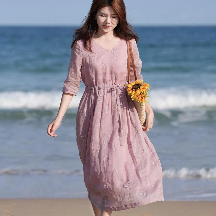 气质高端苎麻粉色短袖连衣裙女夏季大码收腰遮肚显瘦棉麻亚麻裙子