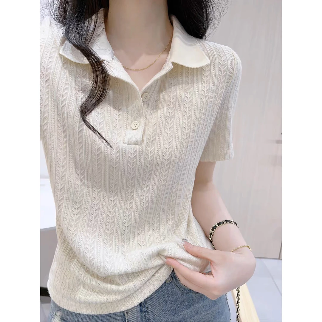 夏季正肩短袖t恤女士2025新款时尚宽松翻领polo衫减龄显瘦针织衫